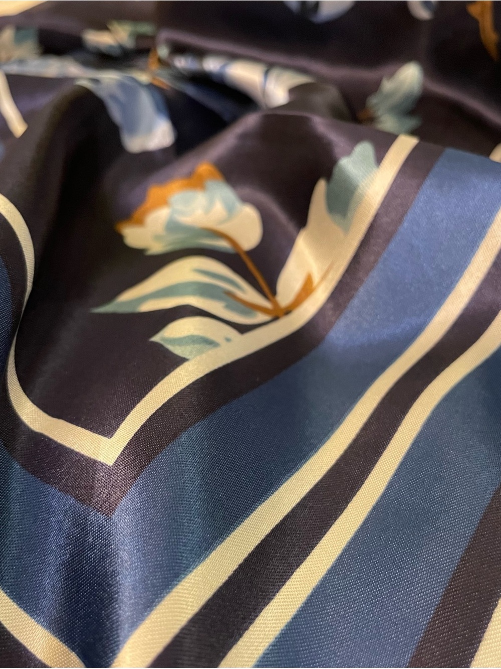 Elegant Silk Feel Blue on Blue Floral Satin Scarf - Picture 5 of 5